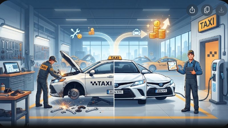 Иллюстрация с автомобильными деталями для статьи о выборе между ремонтом и заменой запчастей такси