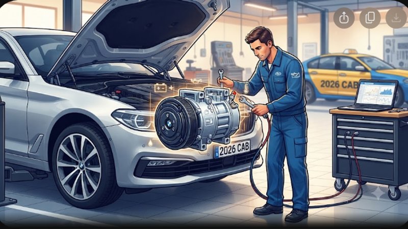 Современная иллюстрация компрессора BMW для статьи о продлении срока службы в такси 2026 года
